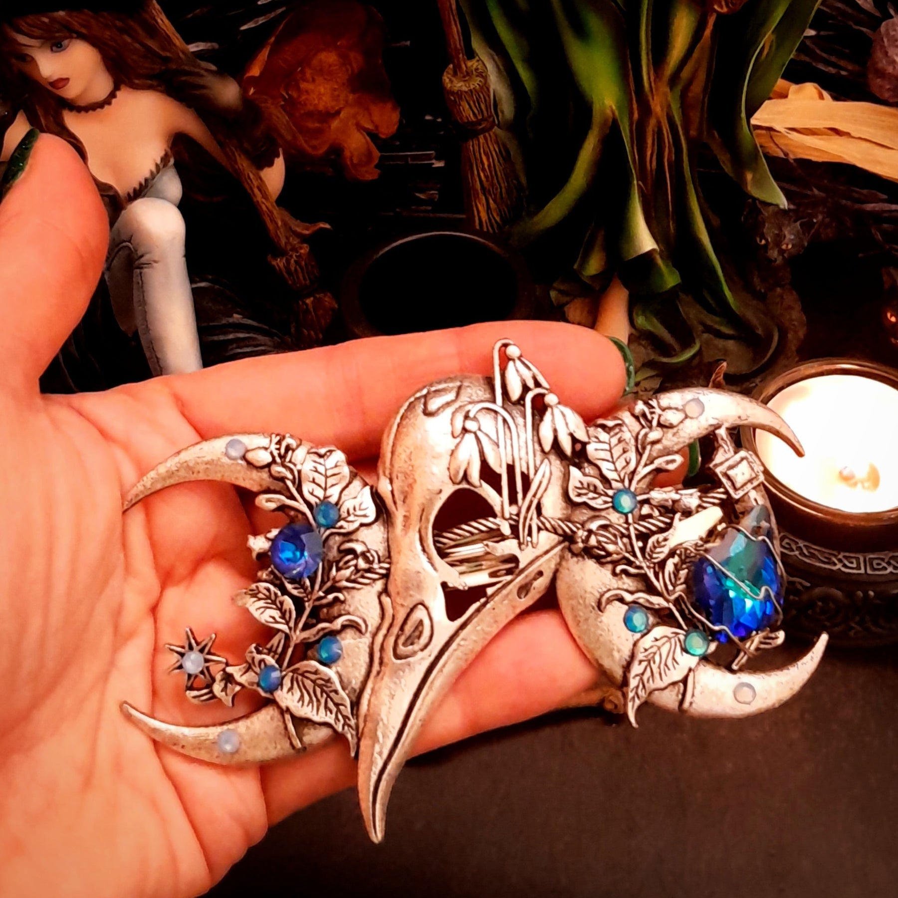 raven skull swarovski blue crystals hair clip flowers