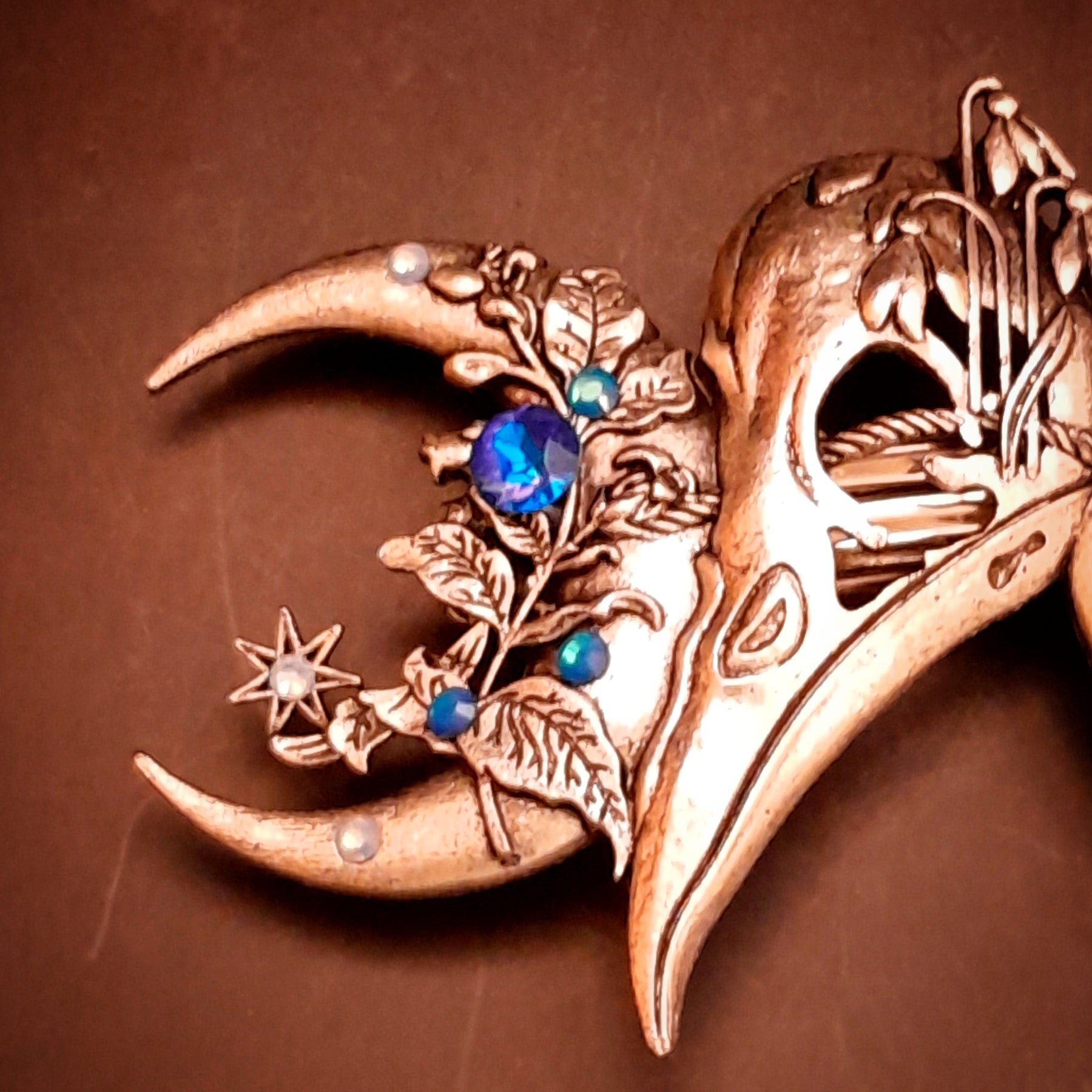 raven skull swarovski blue crystals hair clip celestial moon star