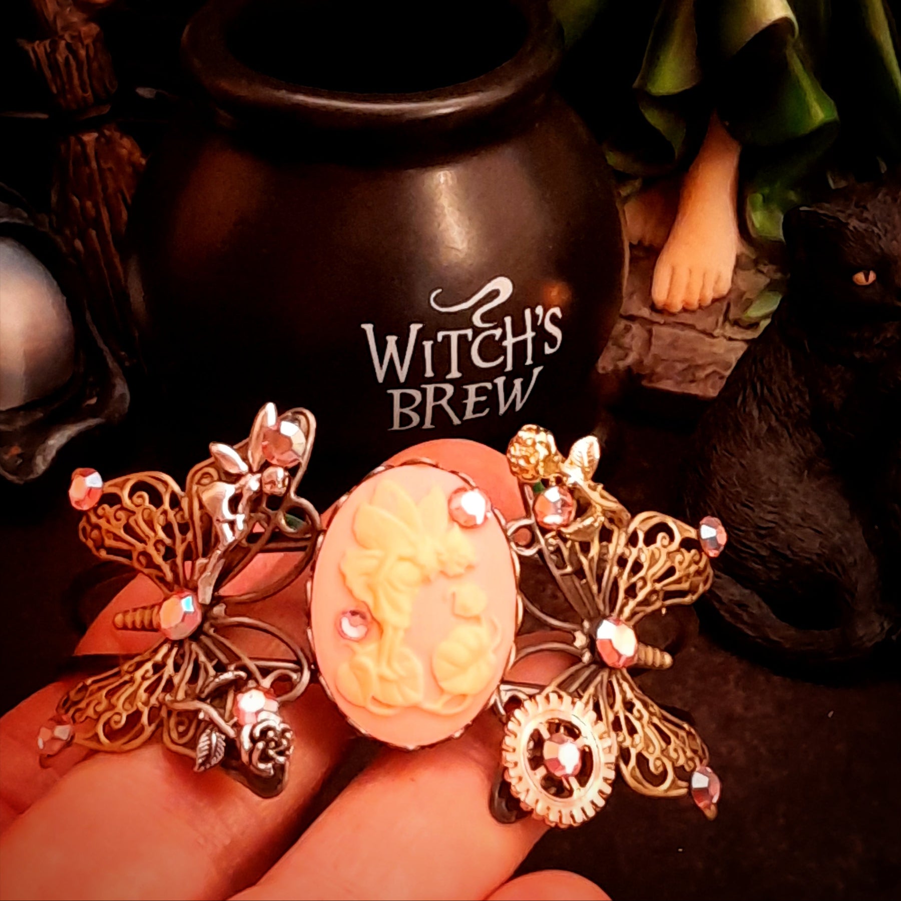 steampunk butterfly bracelet swarovski crystals fairy cameo