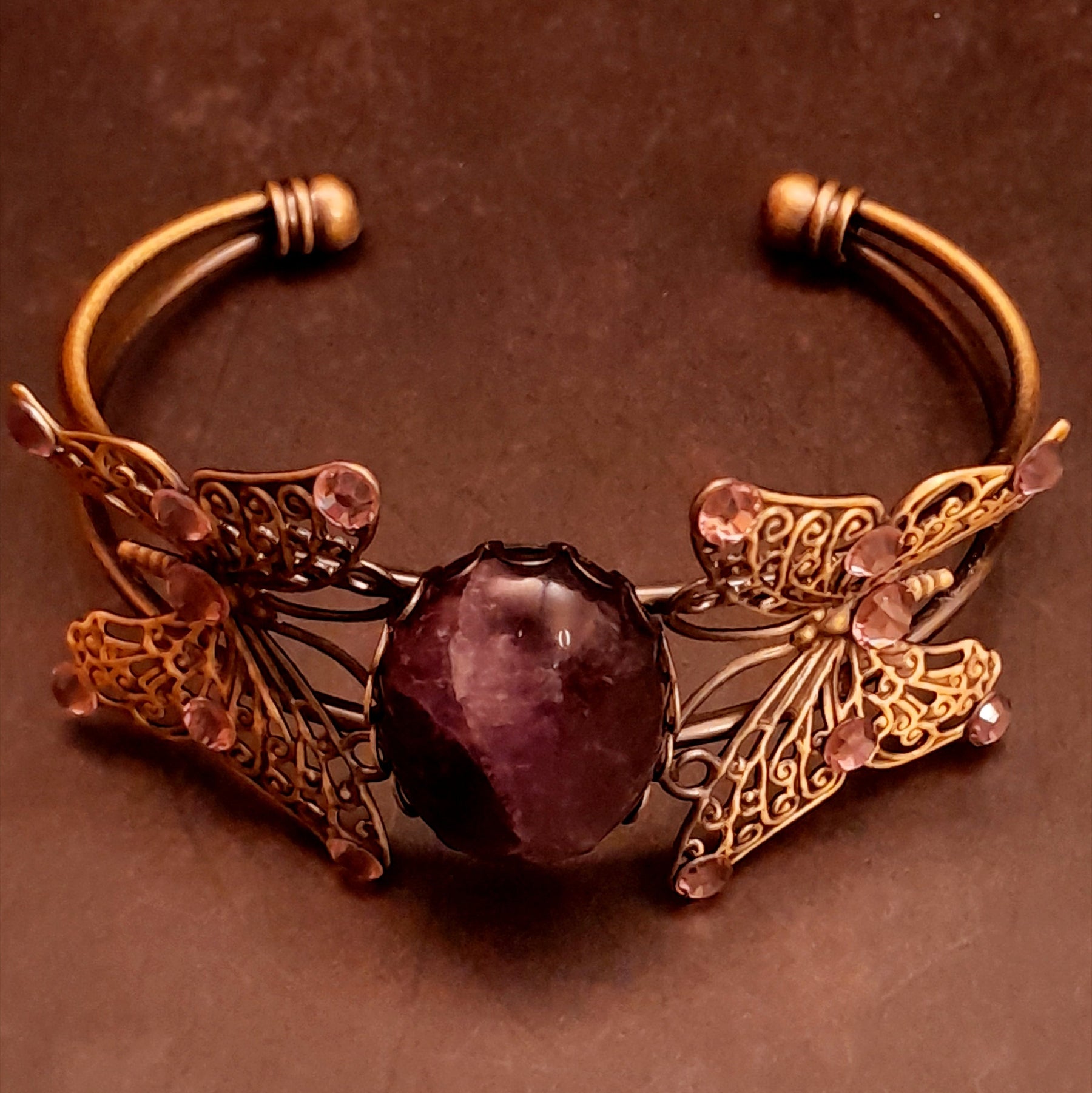 purple amethyst stone cuff bracelet swarovski crystals butterflies