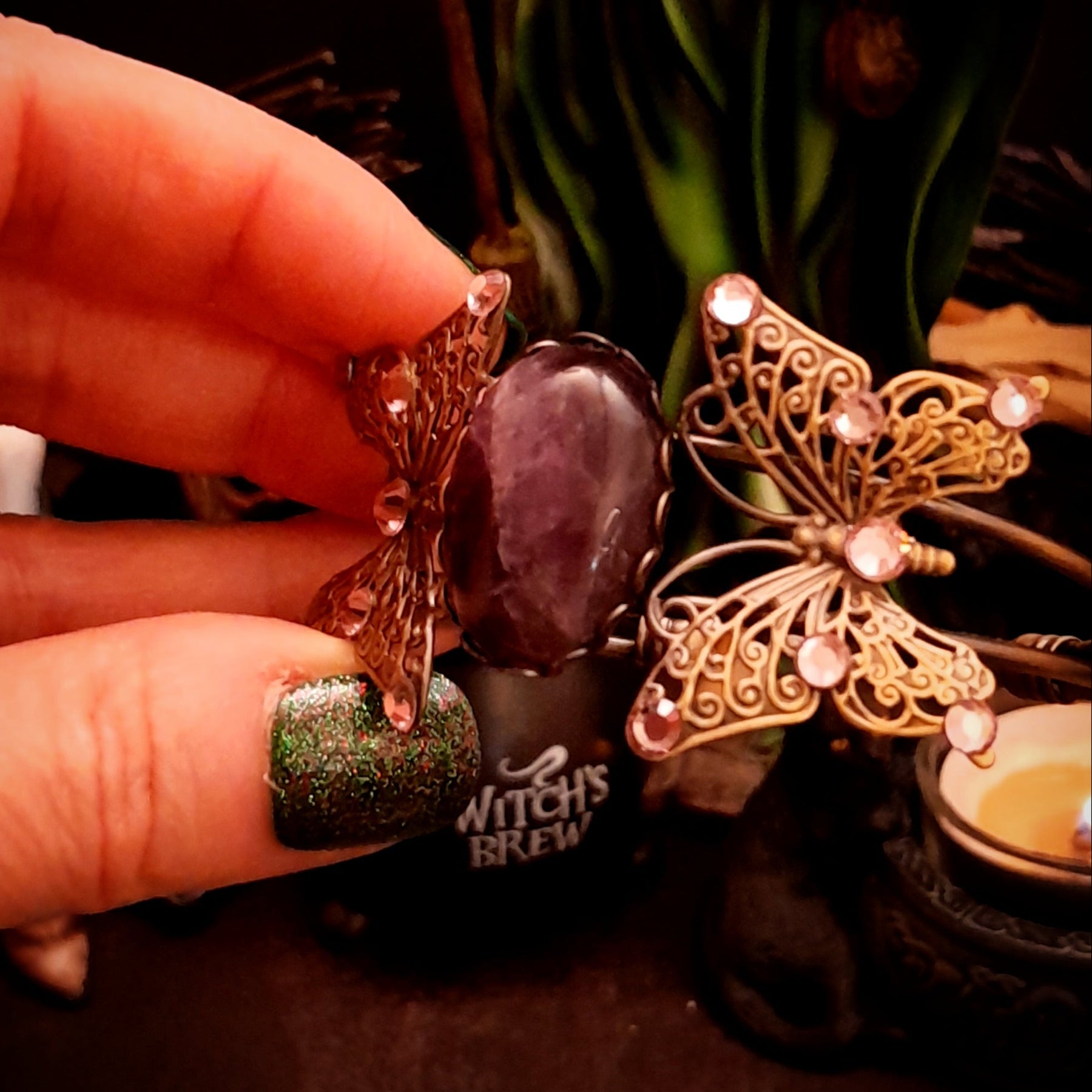 purple amethyst stone cuff bracelet swarovski crystals magical