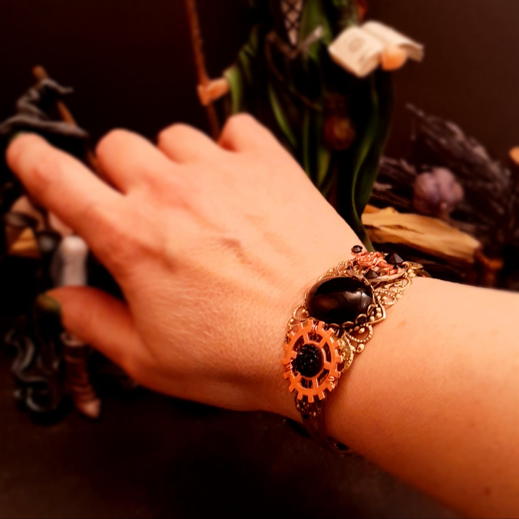 black onyx cuff bracelet swarovski crystals gears