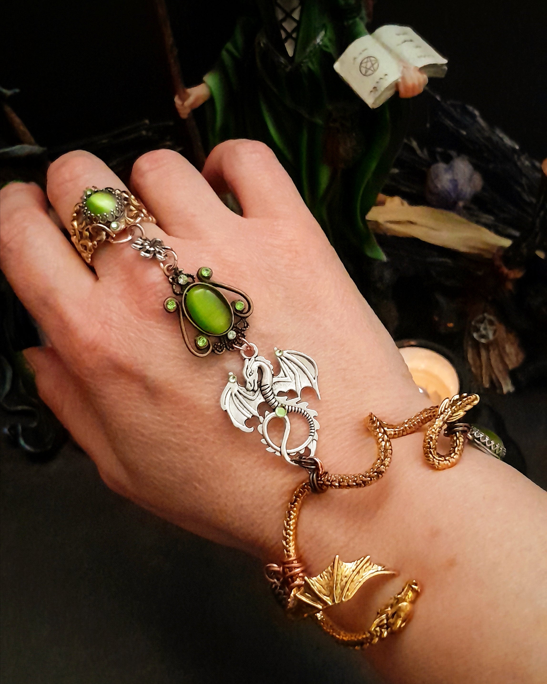Magical Fantasy Dragon Hand Chain - Handmade with Green Cat's Eye ...