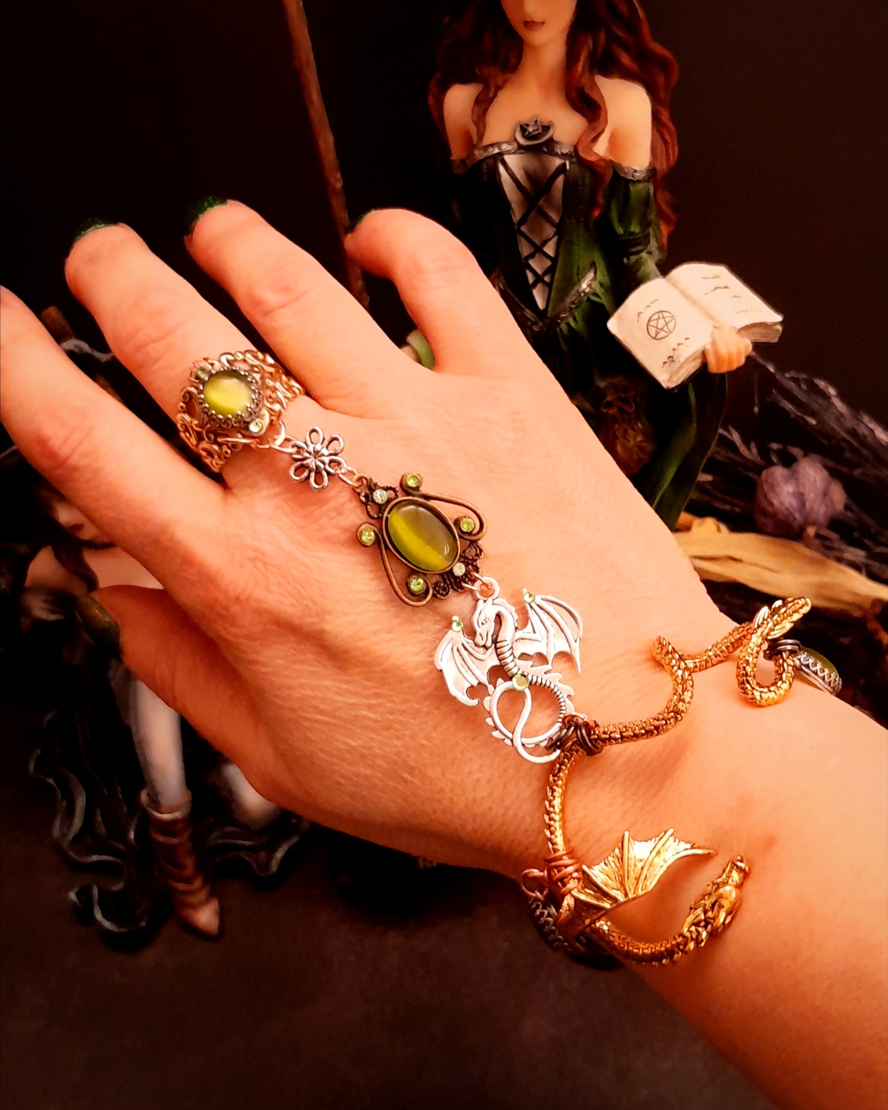 Hand Chain Green Crystals Dragon