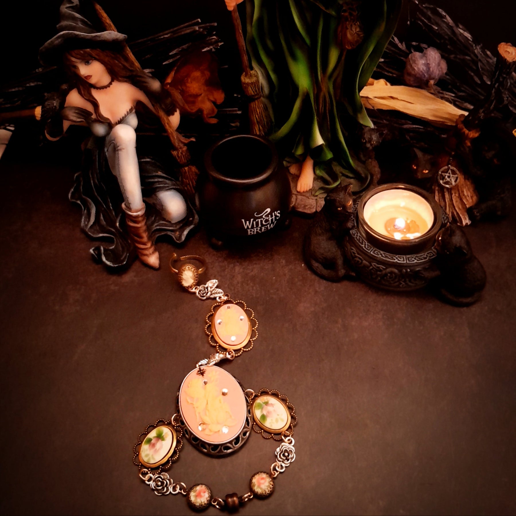 slave bracelet hand chain peach pink cameos swarovski crystals magic fantasy jewelry