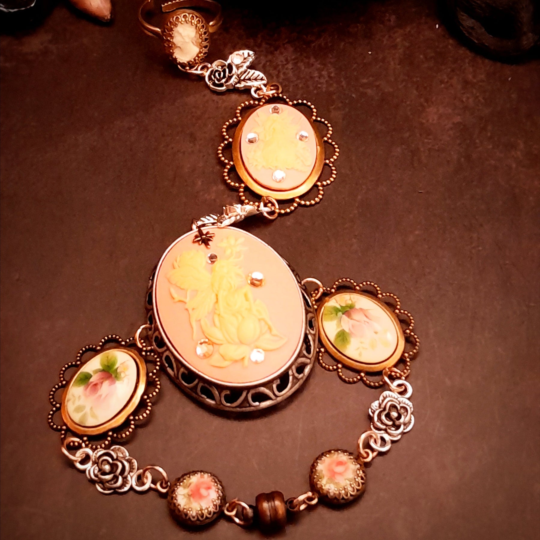 slave bracelet hand chain peach pink cameos swarovski crystals romantic jewelry