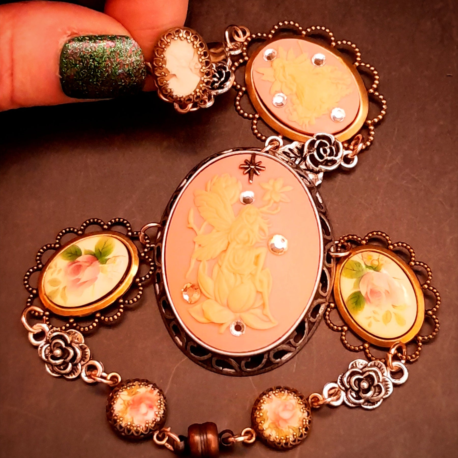 slave bracelet hand chain peach pink cameos swarovski crystals fairy