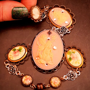 slave bracelet hand chain peach pink cameos swarovski crystals fairy