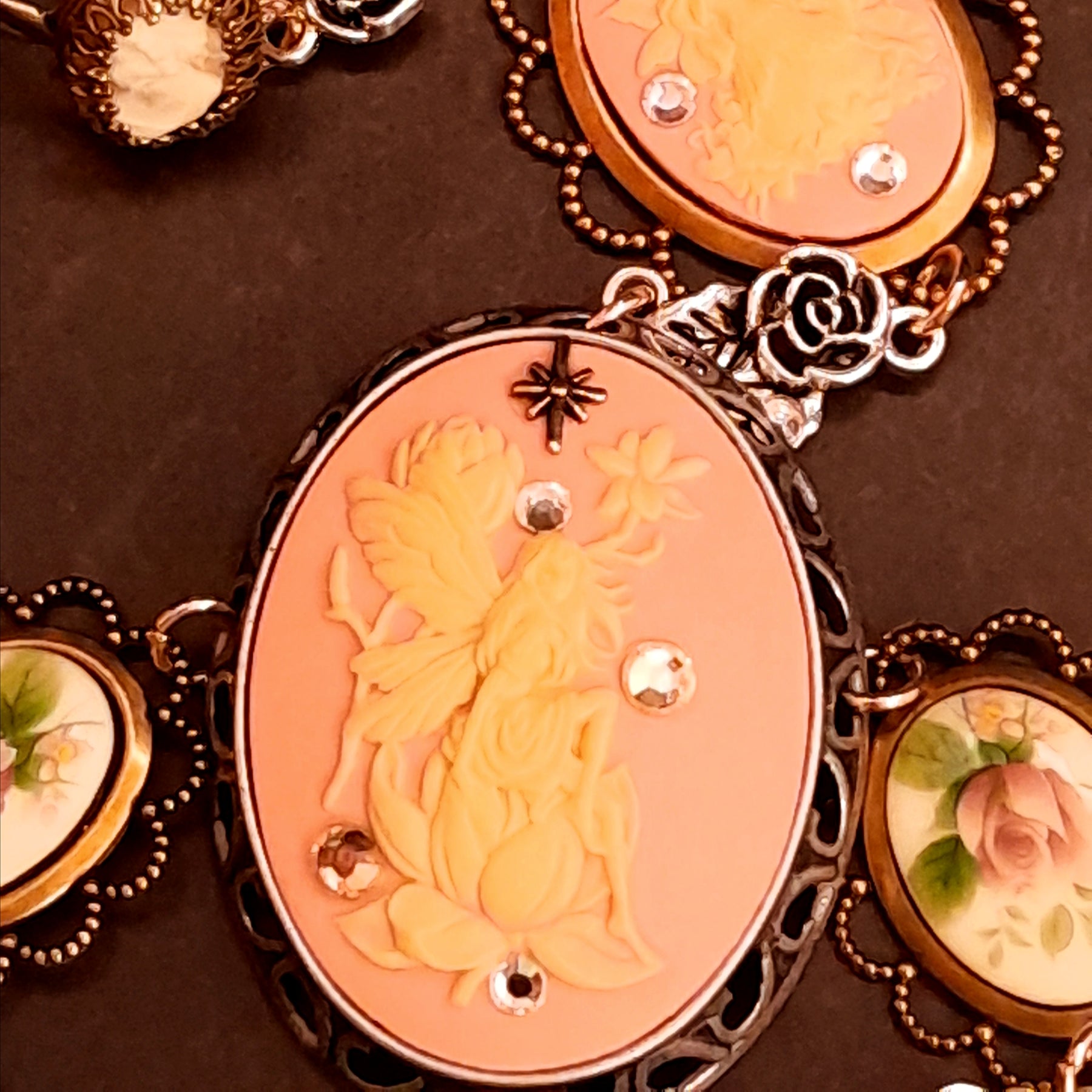 slave bracelet hand chain peach pink cameos swarovski crystals fairy flower magical jewelry