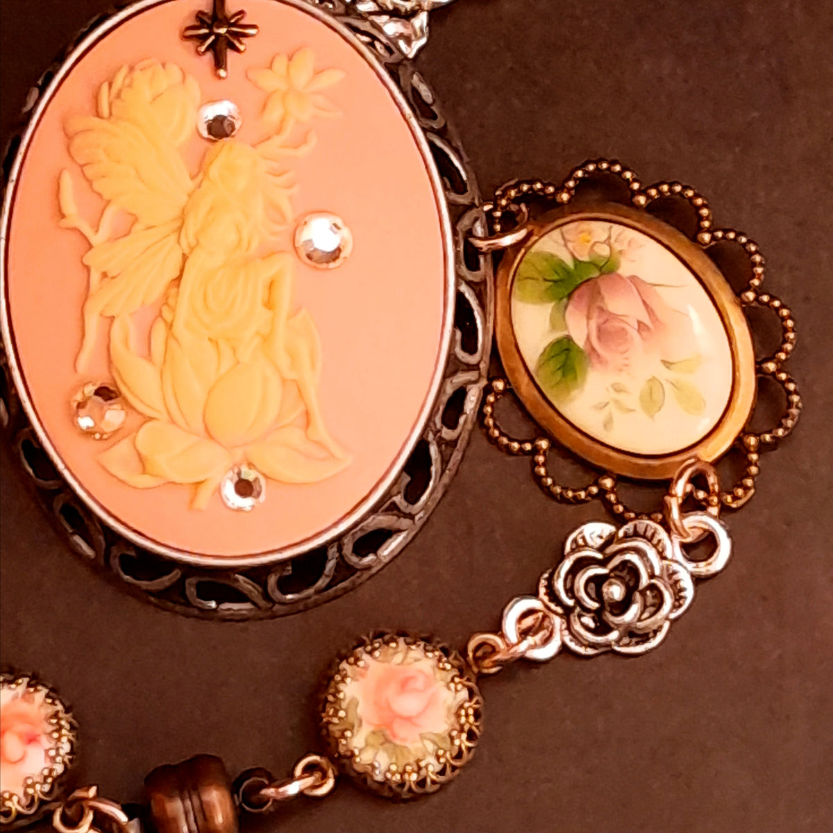 slave bracelet hand chain peach pink cameos swarovski crystals floral fairies