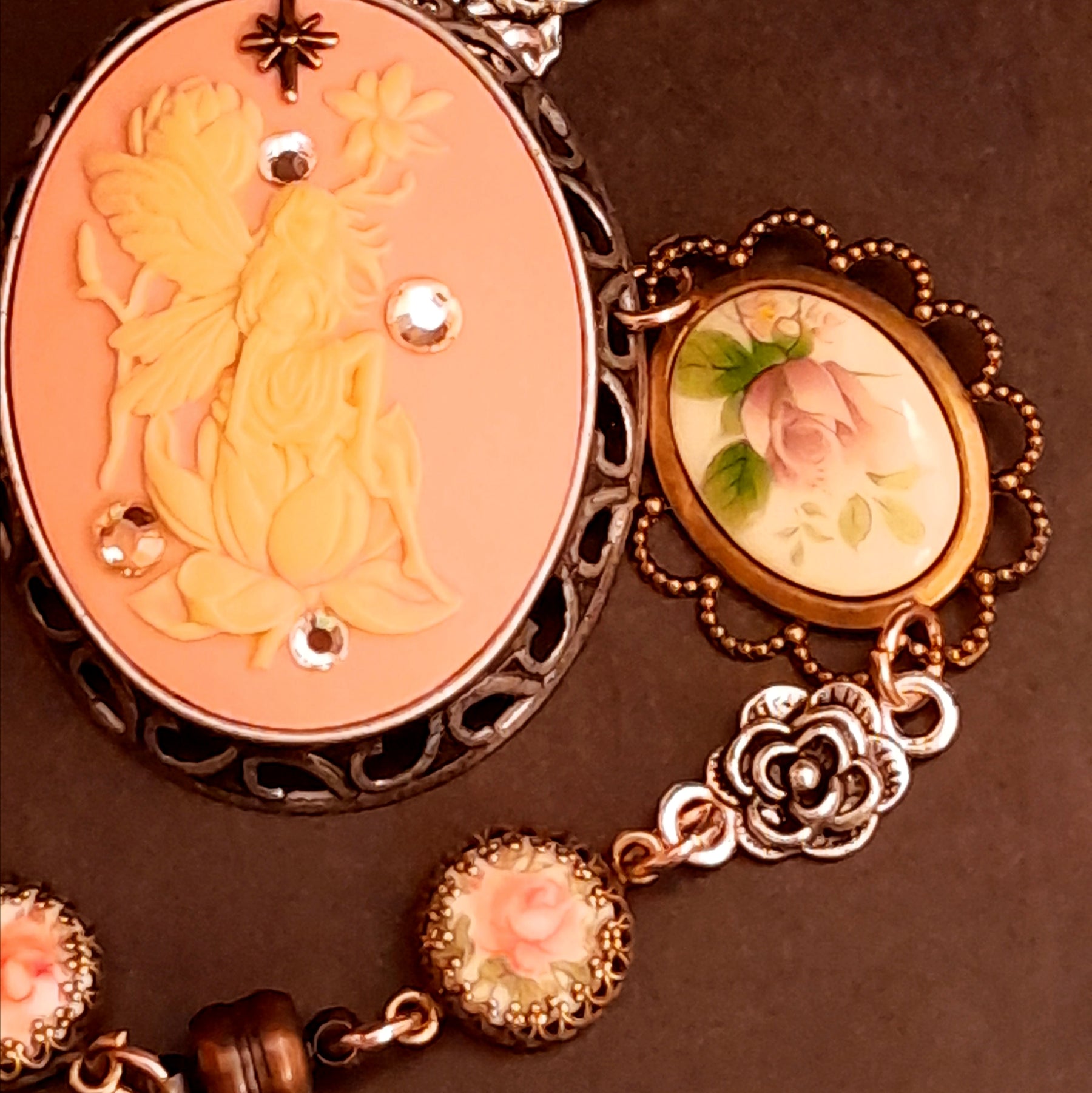 slave bracelet hand chain peach pink cameos swarovski crystals floral fairies