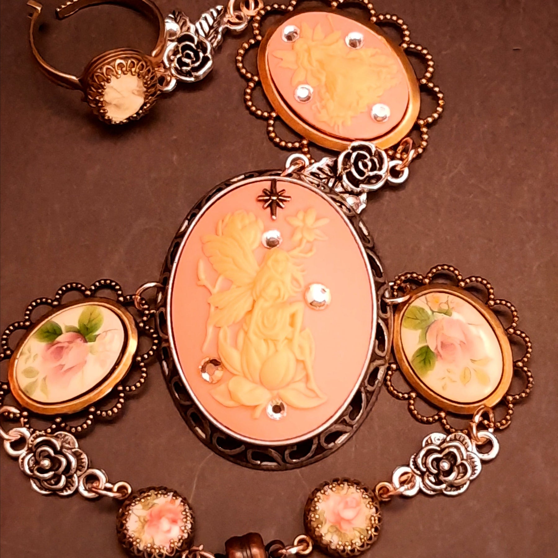 slave bracelet hand chain peach pink cameos swarovski crystals