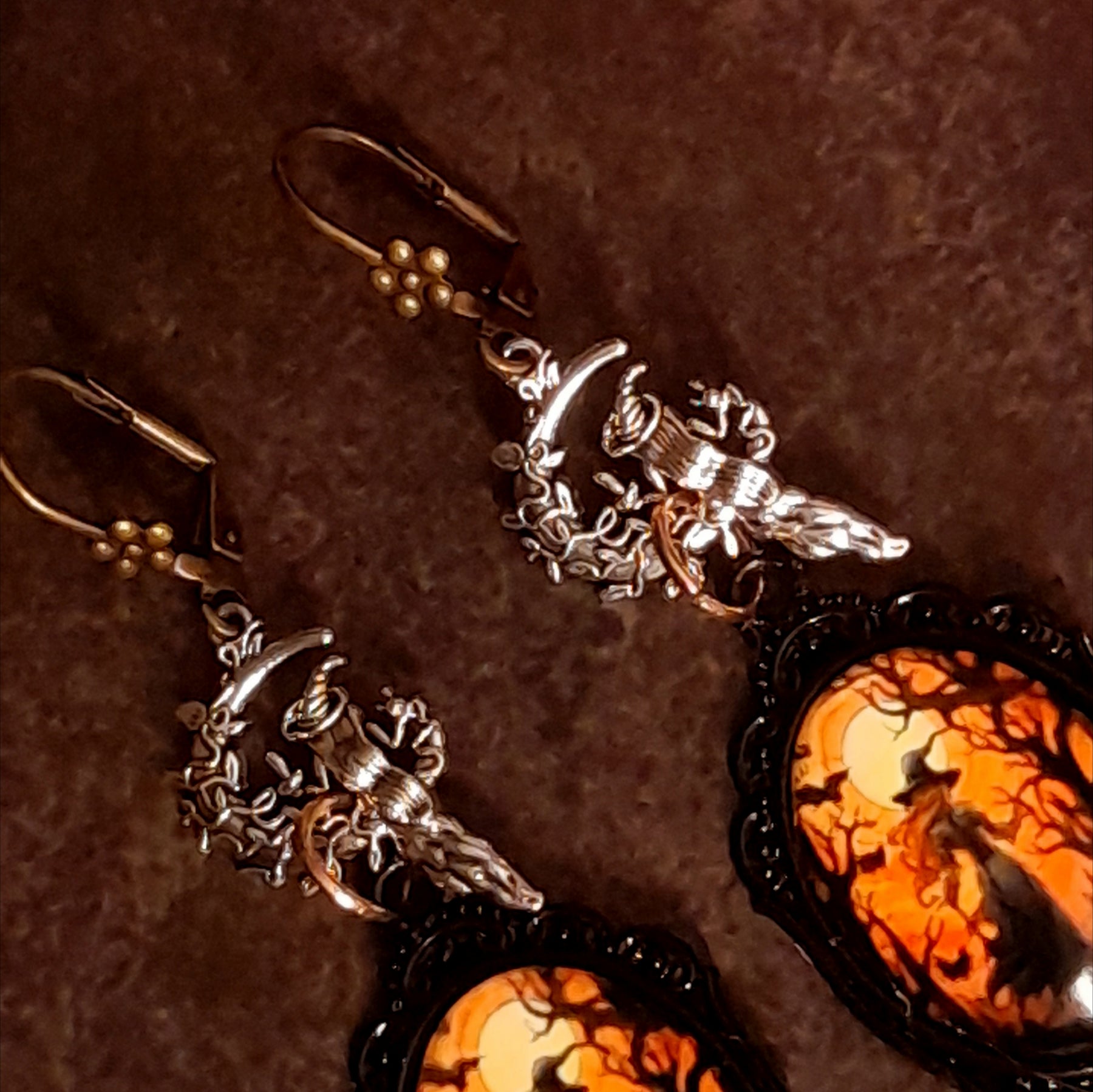 Earrings Witchy Black Magic Fairy Orange Glowing Crystals