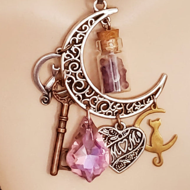Purple choker necklace with filigree moon and genuine amethyst chips — Victorian style fantasy magic mom necklace gift for her

