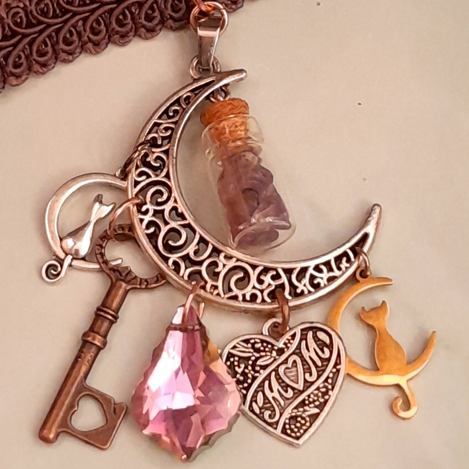 Purple choker necklace cat moon design with lavender crystal and world-renowned genuine Swarovski crystals — vintage style fantasy magic gift for her

