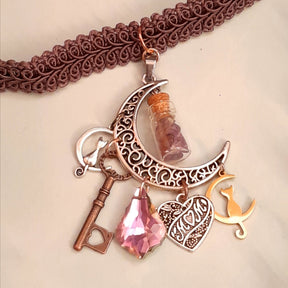 Purple choker necklace with cat moon charm and genuine amethyst — vintage style magical mothers day gift for her


