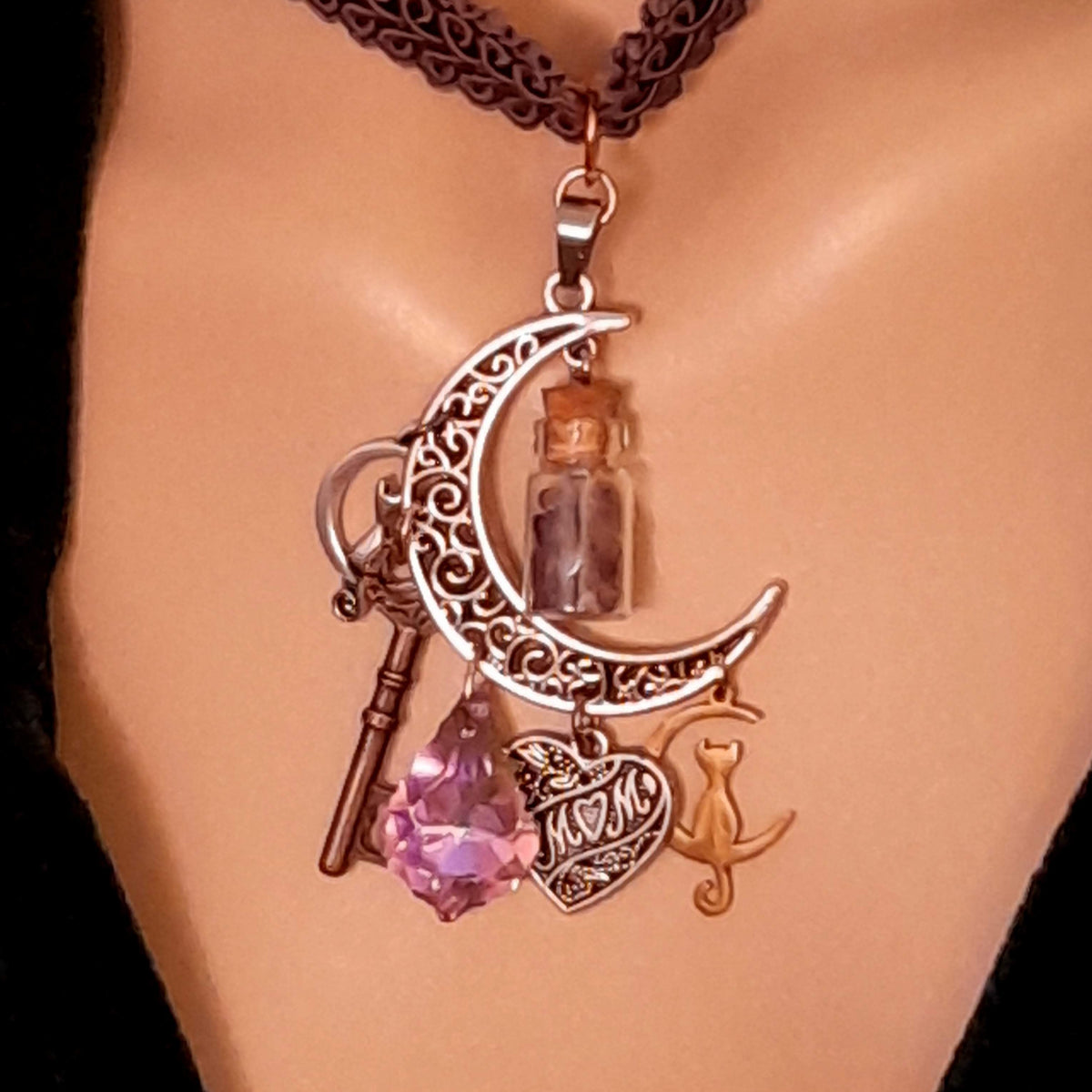Purple choker necklace with filigree moon and genuine amethyst — Victorian style magical fantasy mothers day gift for her