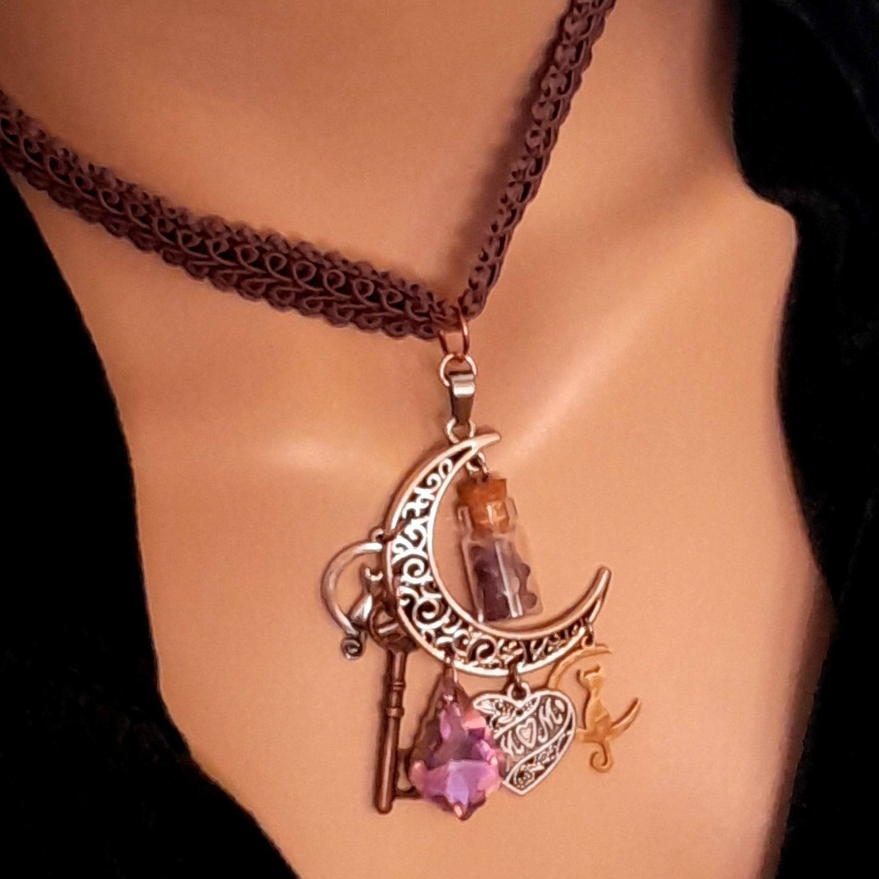 Purple choker necklace featuring genuine amethyst and filigree moon — Victorian style handmade fantasy magic mom necklace gift for her

