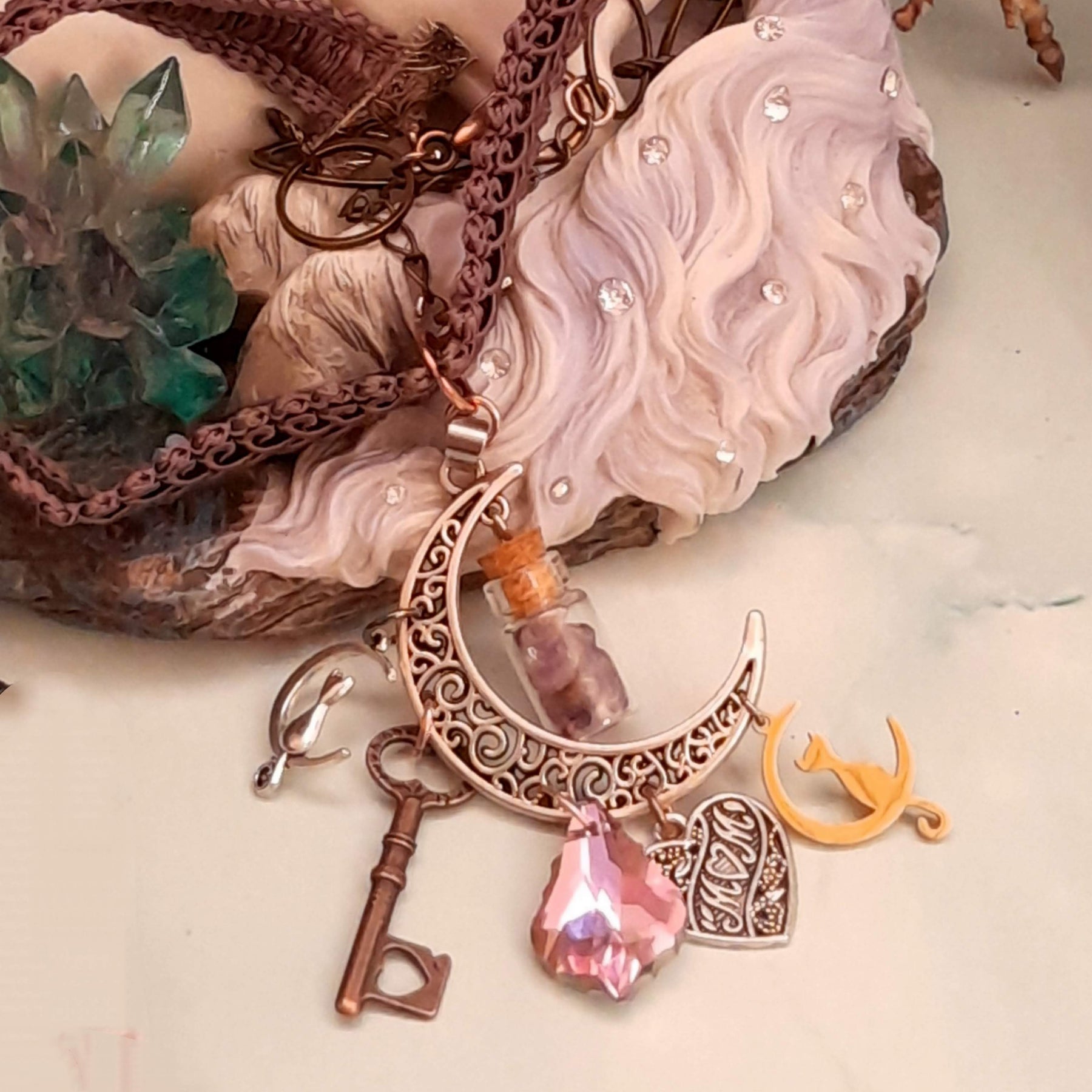 Purple choker necklace with lavender crystal and cat moon charm — vintage style magical fantasy mothers day gift for her

