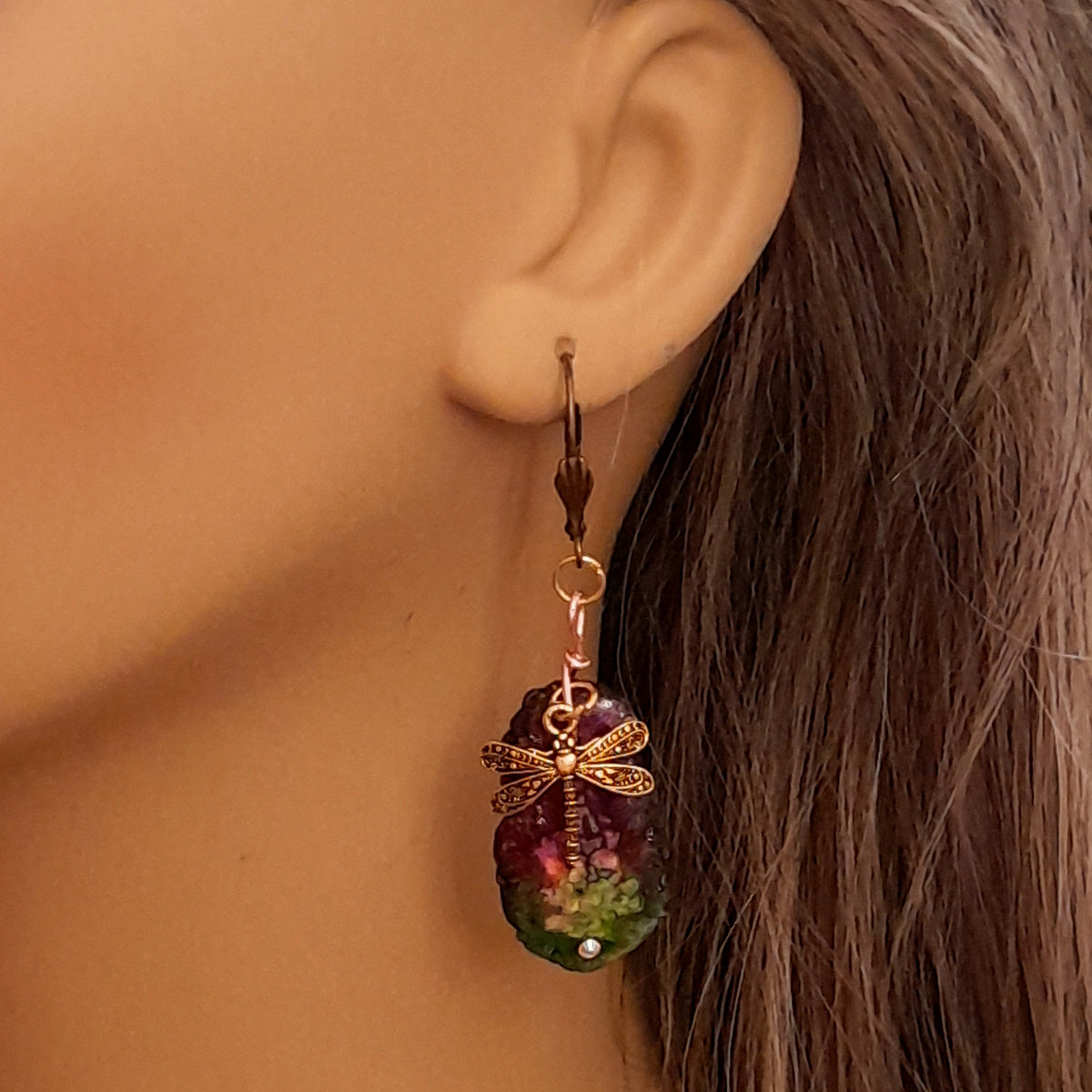 Magical rainbow teardrop earrings with gold dragonfly handmade fantasy Victorian style vintage style Swarovski crystals