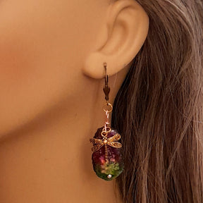 Magical rainbow teardrop earrings with gold dragonfly handmade fantasy Victorian style vintage style Swarovski crystals
