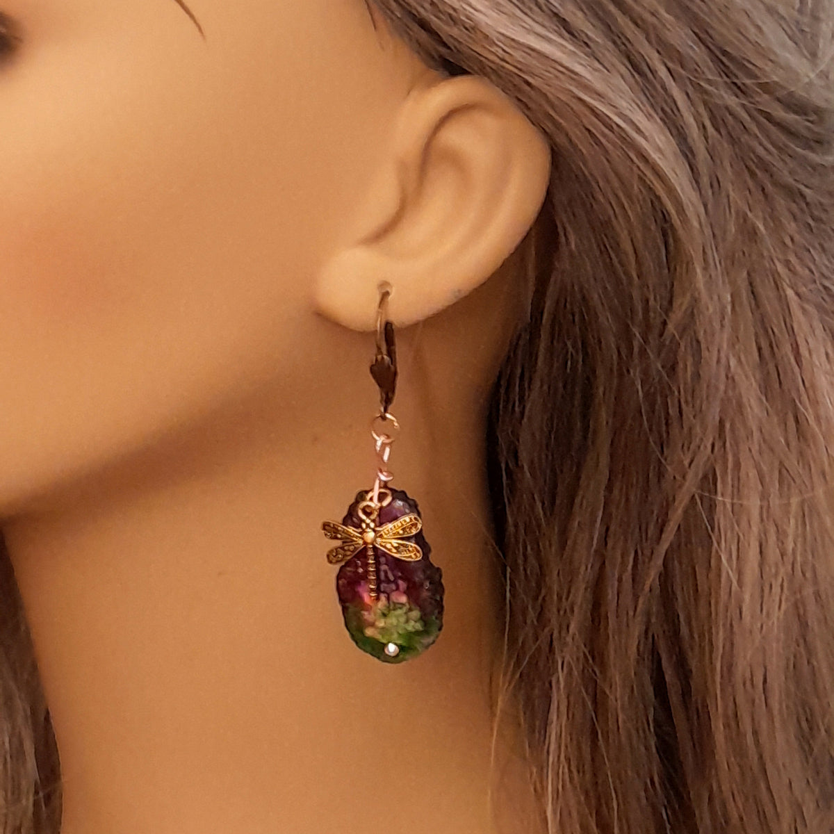 Hidden fairy detail on back of rainbow dragonfly earrings handmade magical fantasy Victorian style vintage style