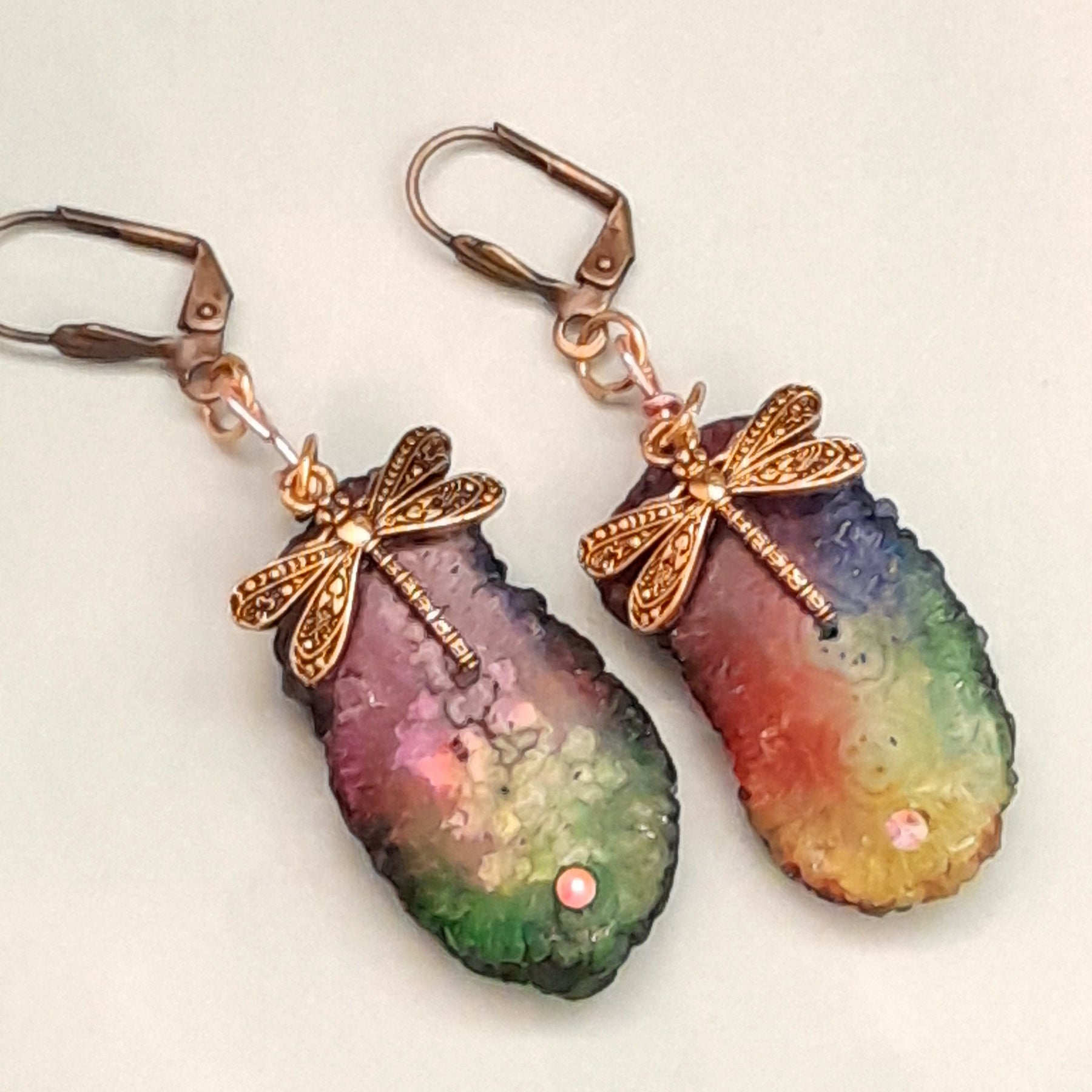 Handmade rainbow dragonfly fairy earrings magical fantasy Victorian style vintage style with Swarovski crystals

