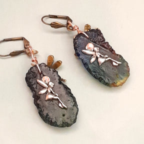 Multicolor rainbow long dangle earrings with dragonfly handmade magical fantasy Victorian vintage style Swarovski crystals