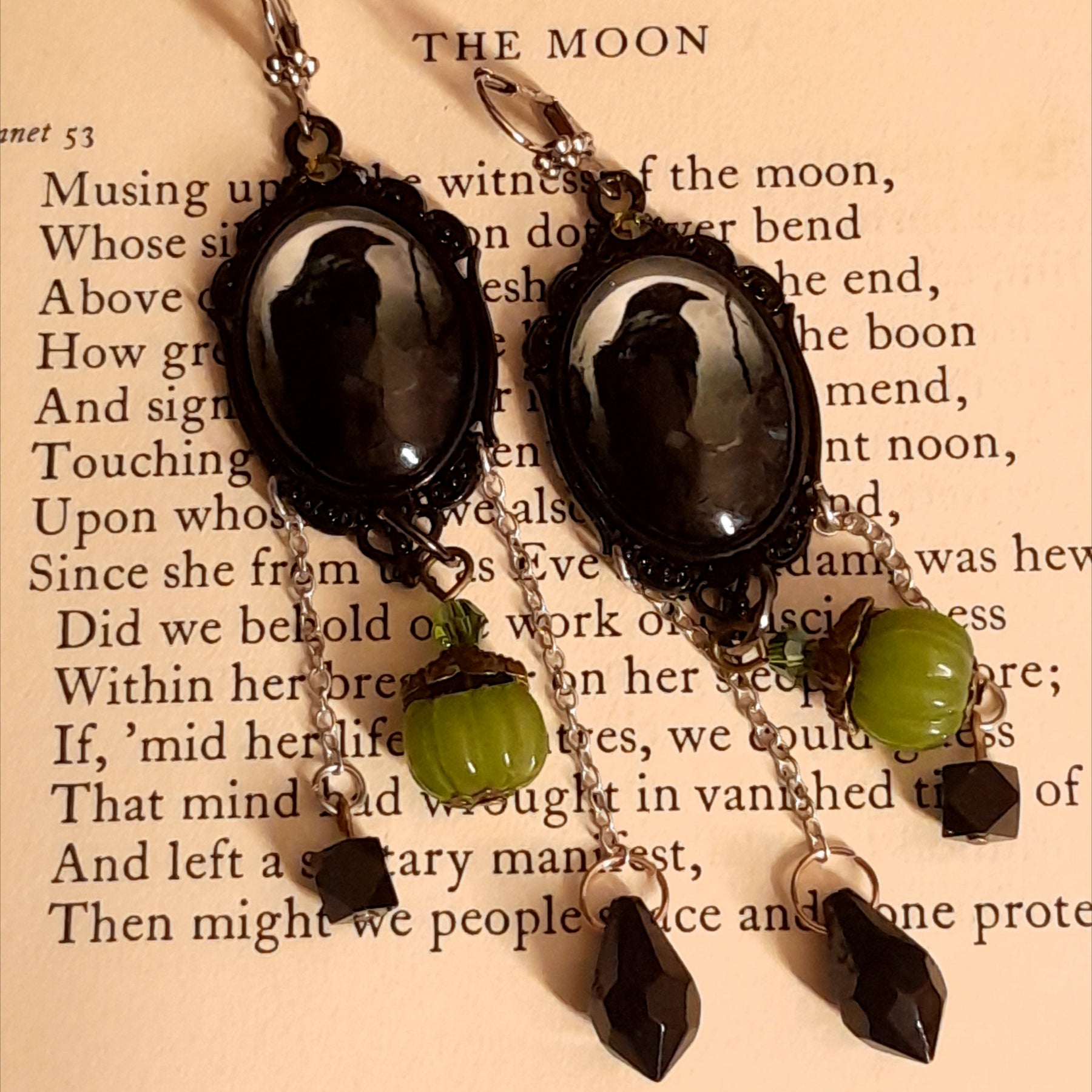 Raven moonlight fantasy earrings with framed woodland scenes, pumpkin drops, and Swarovski crystals in Victorian style and vintage style by Rachel Flam Design