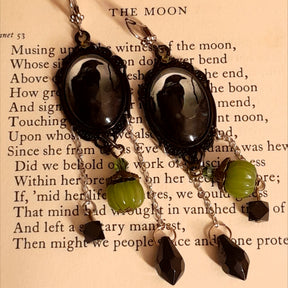Raven moonlight fantasy earrings with framed woodland scenes, pumpkin drops, and Swarovski crystals in Victorian style and vintage style by Rachel Flam Design