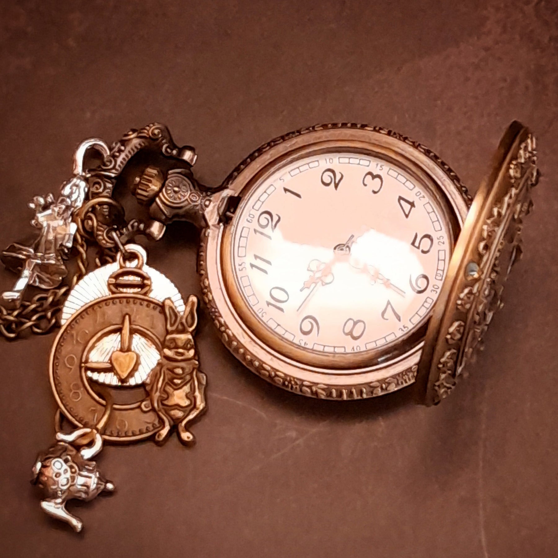 Romantic handmade Alice in Wonderland necklace with magical Austrian crystals and vintage clock details