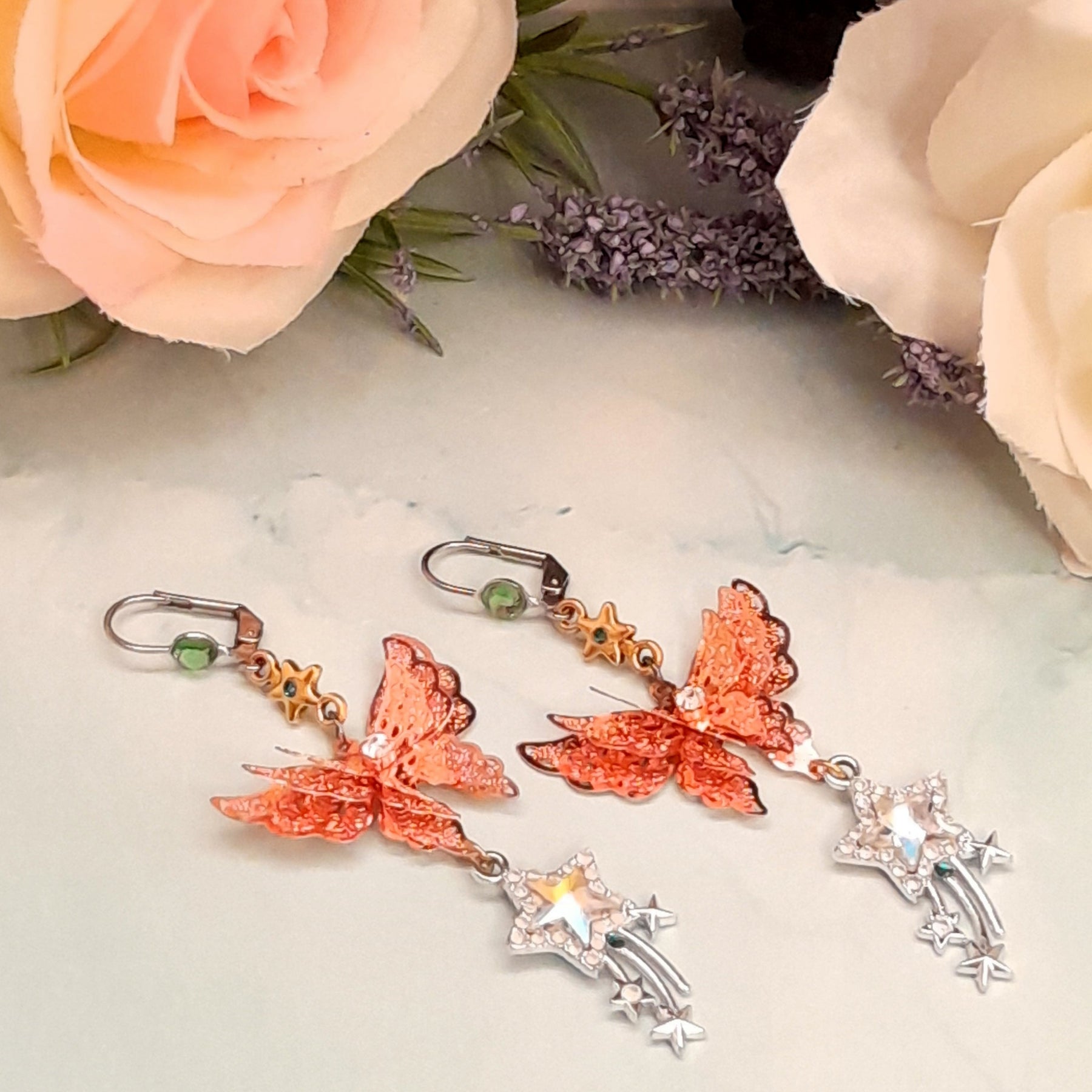 Rose gold butterfly earrings celestial design Swarovski crystals Victorian style vintage style