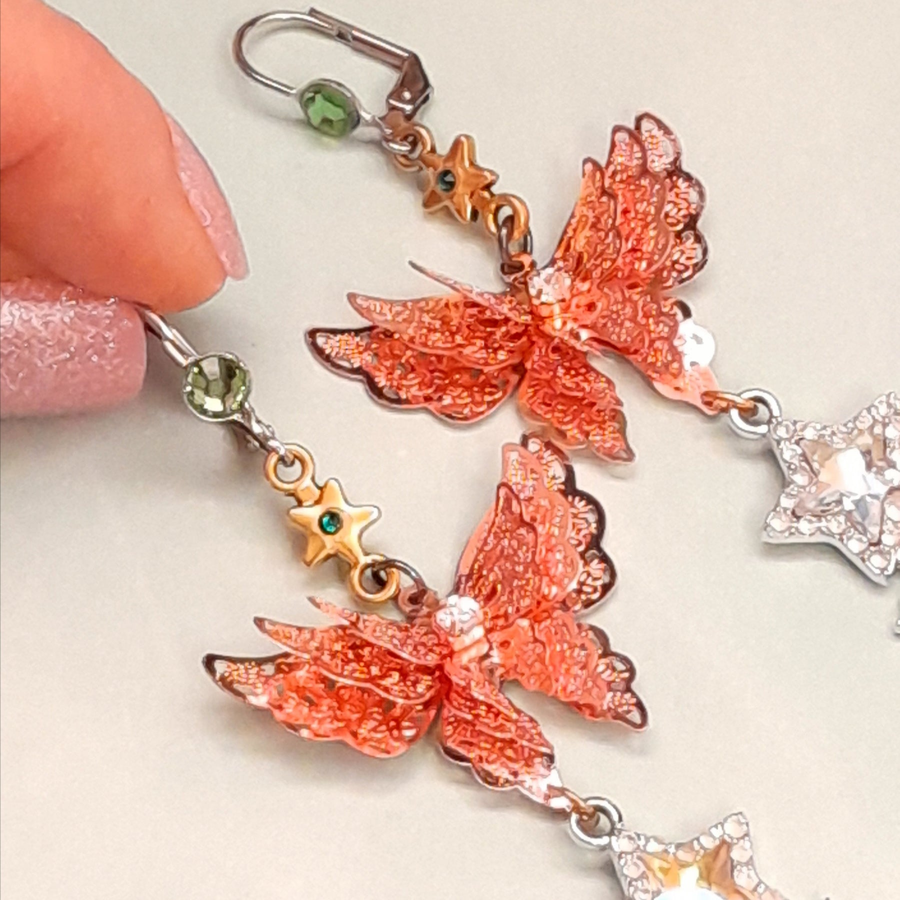 Rose gold butterfly earrings with green Swarovski crystals Victorian style vintage style handmade

