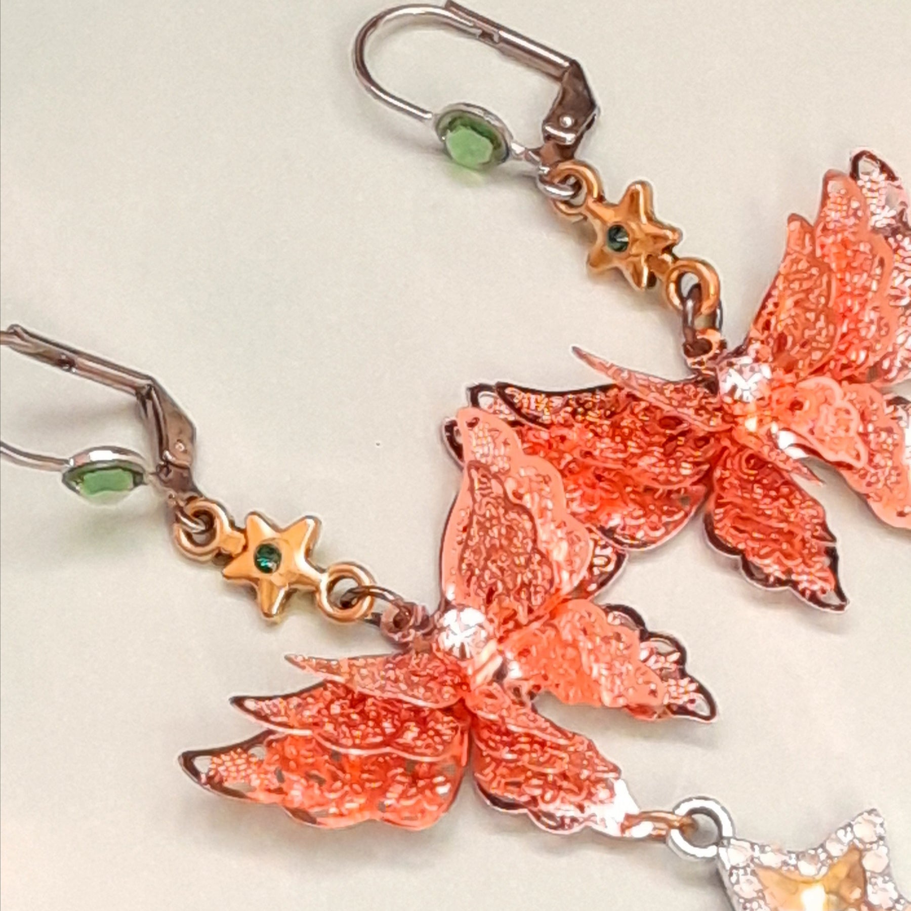 Rose gold butterfly earrings with star details Swarovski crystals Victorian style vintage style