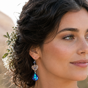 Victorian style silver-tone openwork heart earrings with world-renowned genuine Swarovski crystals — handmade designer something blue bridal earrings, vintage style