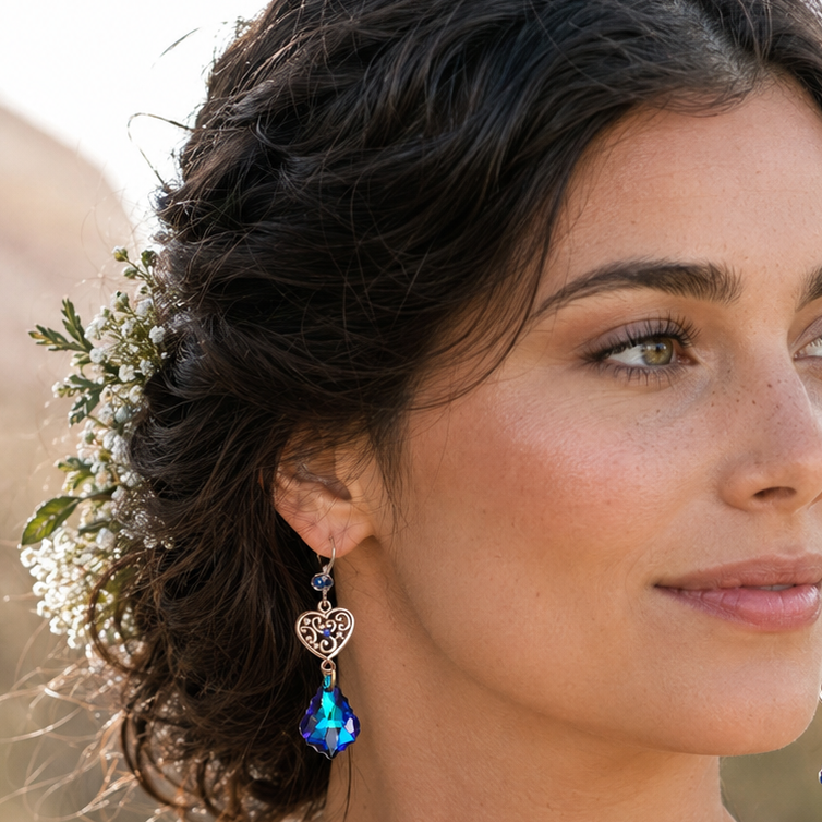 Victorian style silver-tone openwork heart earrings with world-renowned genuine Swarovski crystals — handmade designer something blue bridal earrings, vintage style