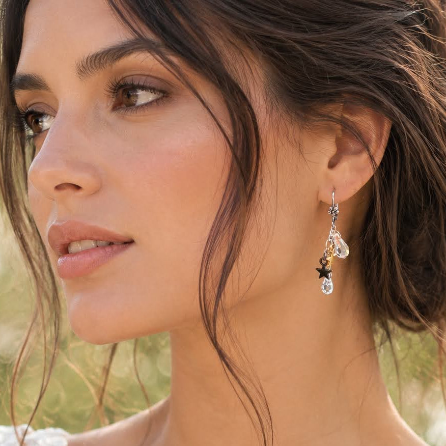 Small iridescent Swarovski AB crystal dangle earrings — handmade designer dainty bridal wedding jewelry, Victorian style vintage style star charms