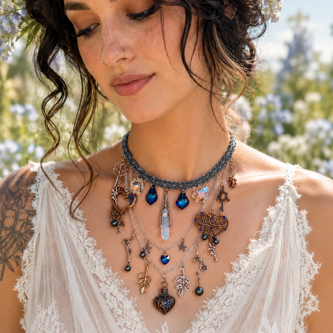 Something blue bridal choker – magical fantasy blue Swarovski crystal hearts and fairy charms, handmade designer boho chic wedding jewelry, Victorian vintage style