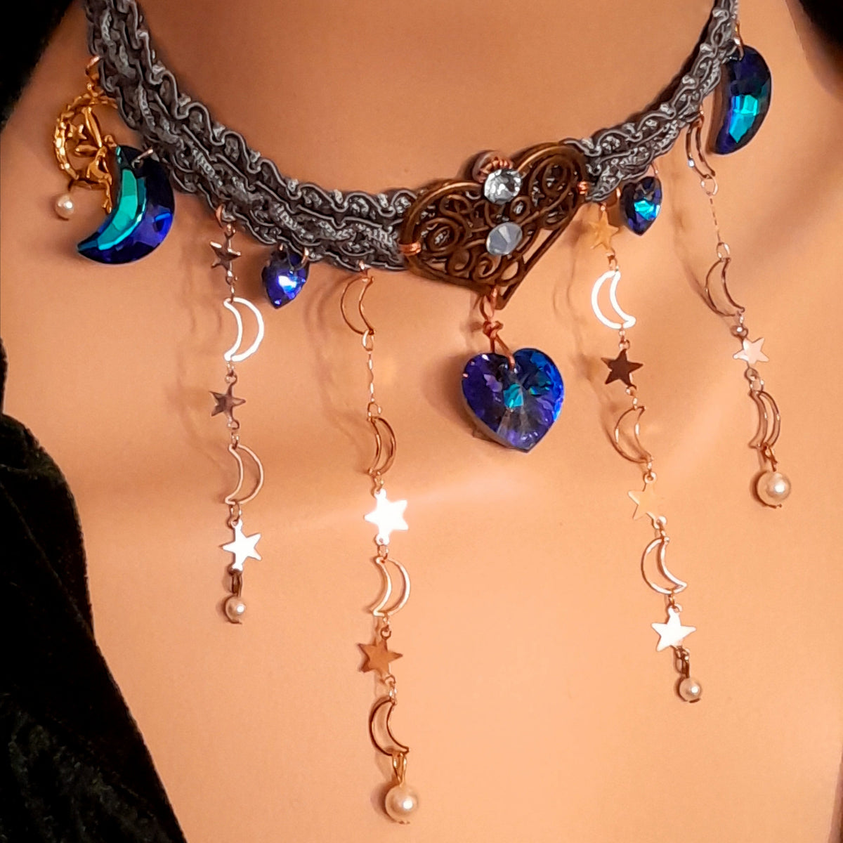 Something blue necklace – magical fantasy celestial blue fabric choker bridal jewelry with world-renowned genuine Swarovski crystals, Victorian vintage style
