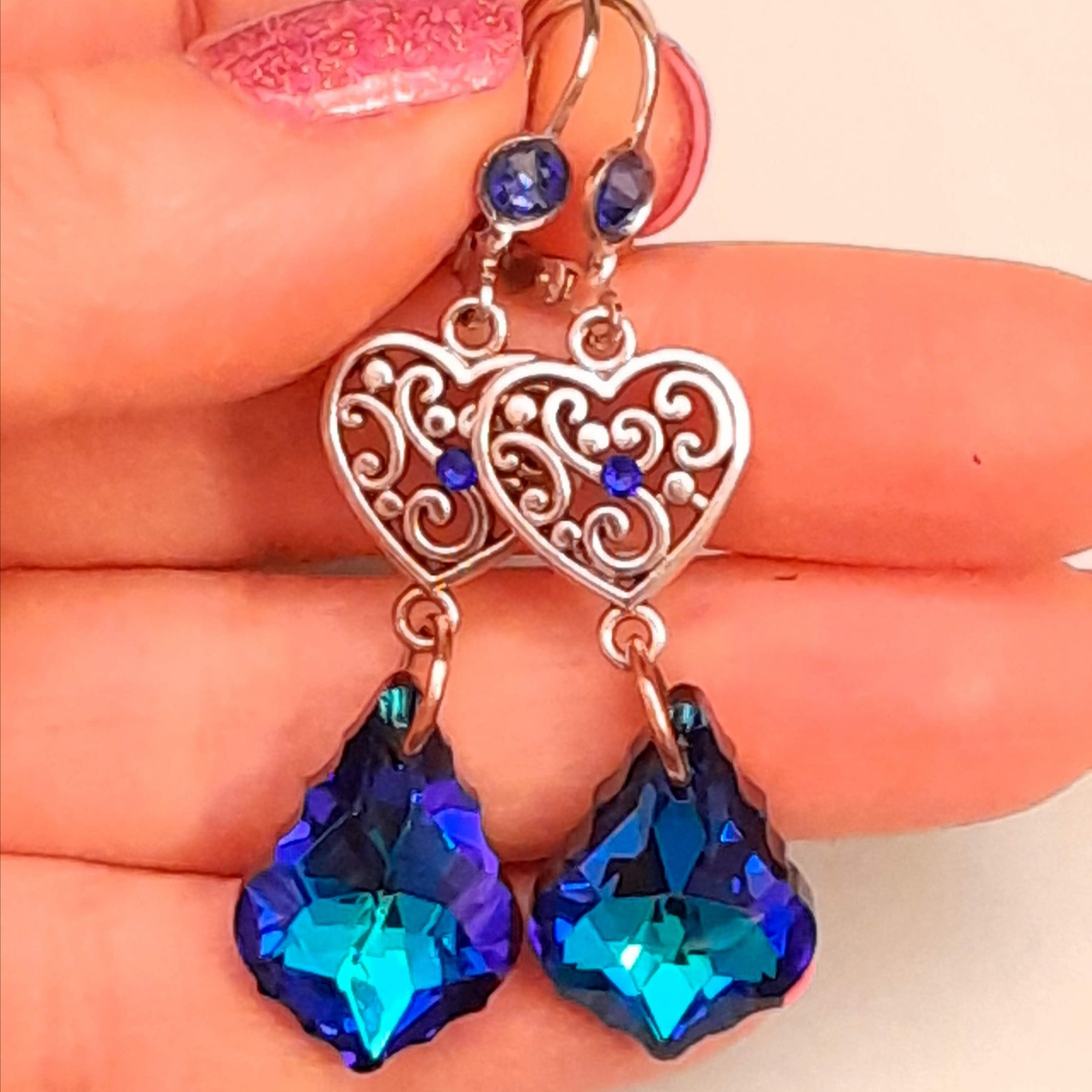 Something blue wedding jewelry — world-renowned genuine Swarovski crystals in blue-turquoise baroque heart earrings, handmade designer, Victorian style vintage style