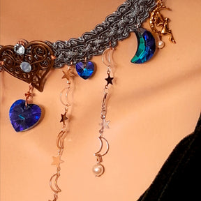 Something blue wedding necklace – celestial handmade designer choker with blue Swarovski moon and heart charms, magical fantasy bridal jewelry, vintage style