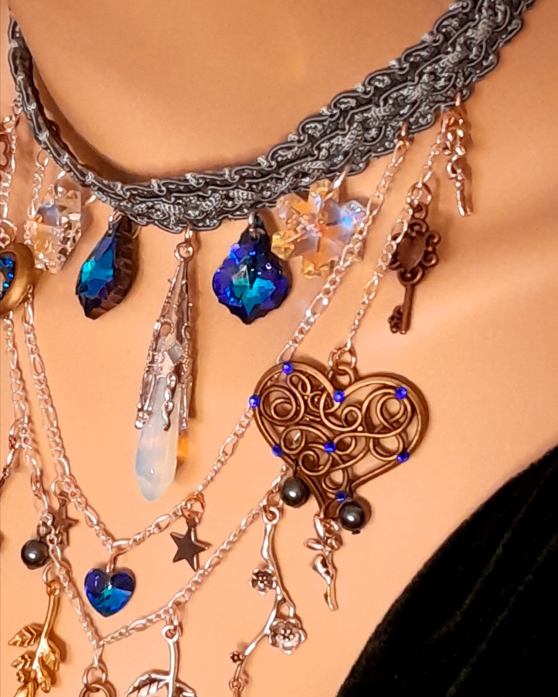 Something blue wedding necklace – magical fantasy boho chic bridal choker with world-renowned genuine Swarovski blue crystals, hearts, and fairy charms, handmade designer Victorian style