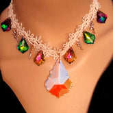 Statement bridal necklace – magical fantasy white fabric choker with world-renowned genuine Swarovski colorful multicolor crystals, handmade designer high-end wedding jewelry, Victorian vintage style