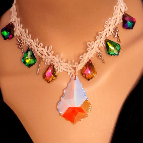 Statement bridal necklace – magical fantasy white fabric choker with world-renowned genuine Swarovski colorful multicolor crystals, handmade designer high-end wedding jewelry, Victorian vintage style