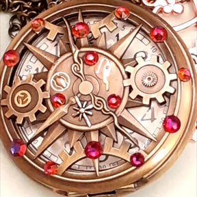 Steampunk pocket watch necklace steampunk gears quartz watch face and red Swarovski crystals skeleton key charm antiqued brass Victorian style vintage style fantasy handmade