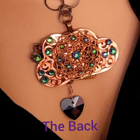 
Handmade magical fantasy bee necklace with multicolored Swarovski crystal heart, steampunk dragonfly and hummingbird details, one-of-a-kind wearable art


