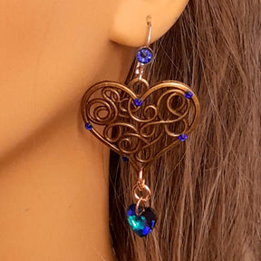 Vintage style wedding jewelry chandelier earrings with world-renowned genuine Swarovski sapphire hearts — Victorian style handmade designer bridal earrings