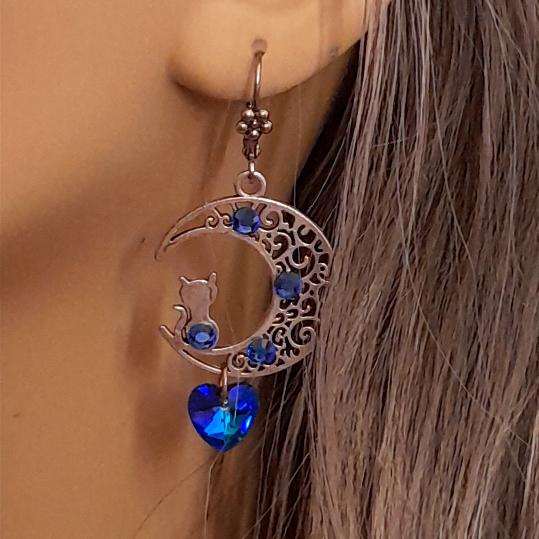 Magical fantasy Victorian style vintage style sapphire blue Swarovski crystal dangle earrings handmade in Long Island NY
