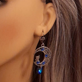 Magical fantasy Victorian style vintage style sapphire blue Swarovski crystal earrings with cat on crescent moon

