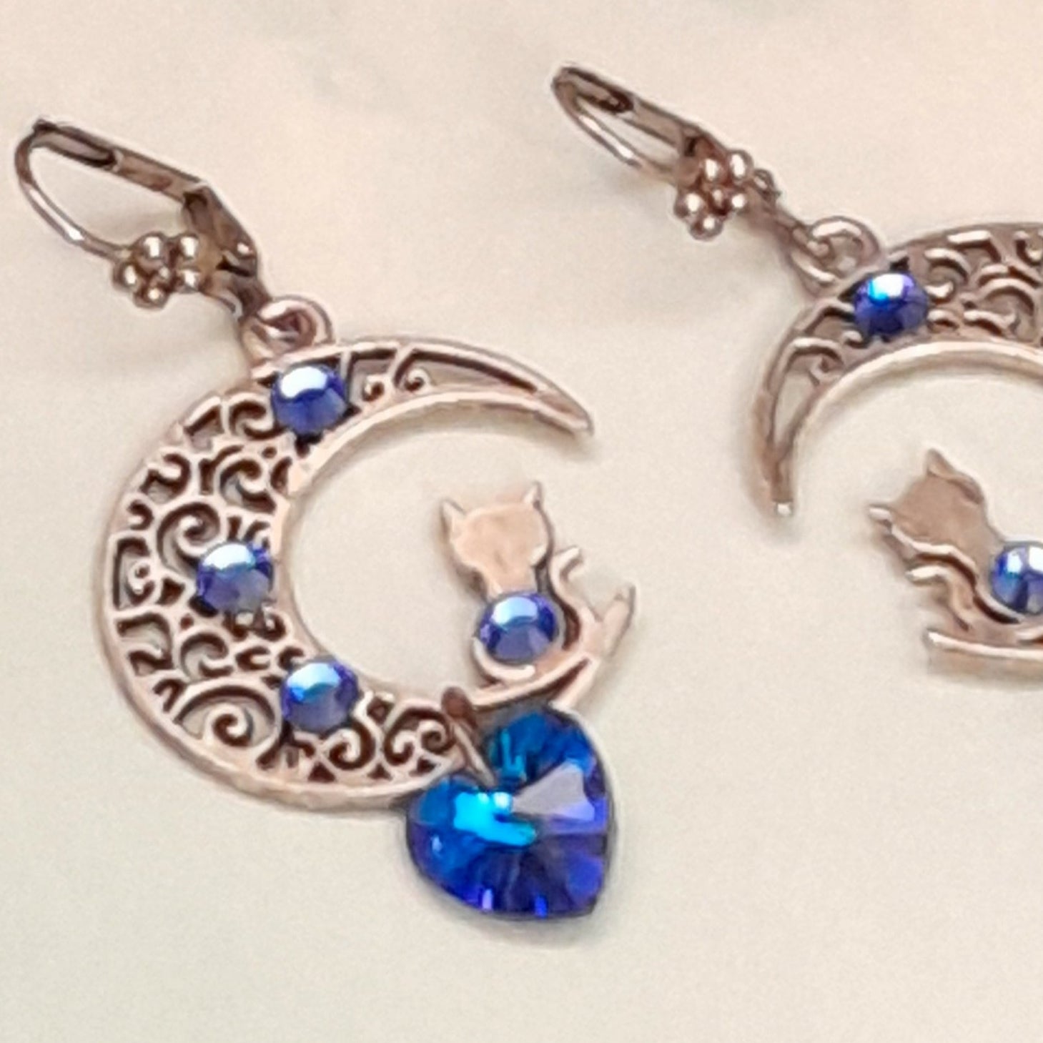 One of a kind Victorian style vintage style sapphire blue Swarovski crystal dangle earrings with crescent moon and cat silhouette
